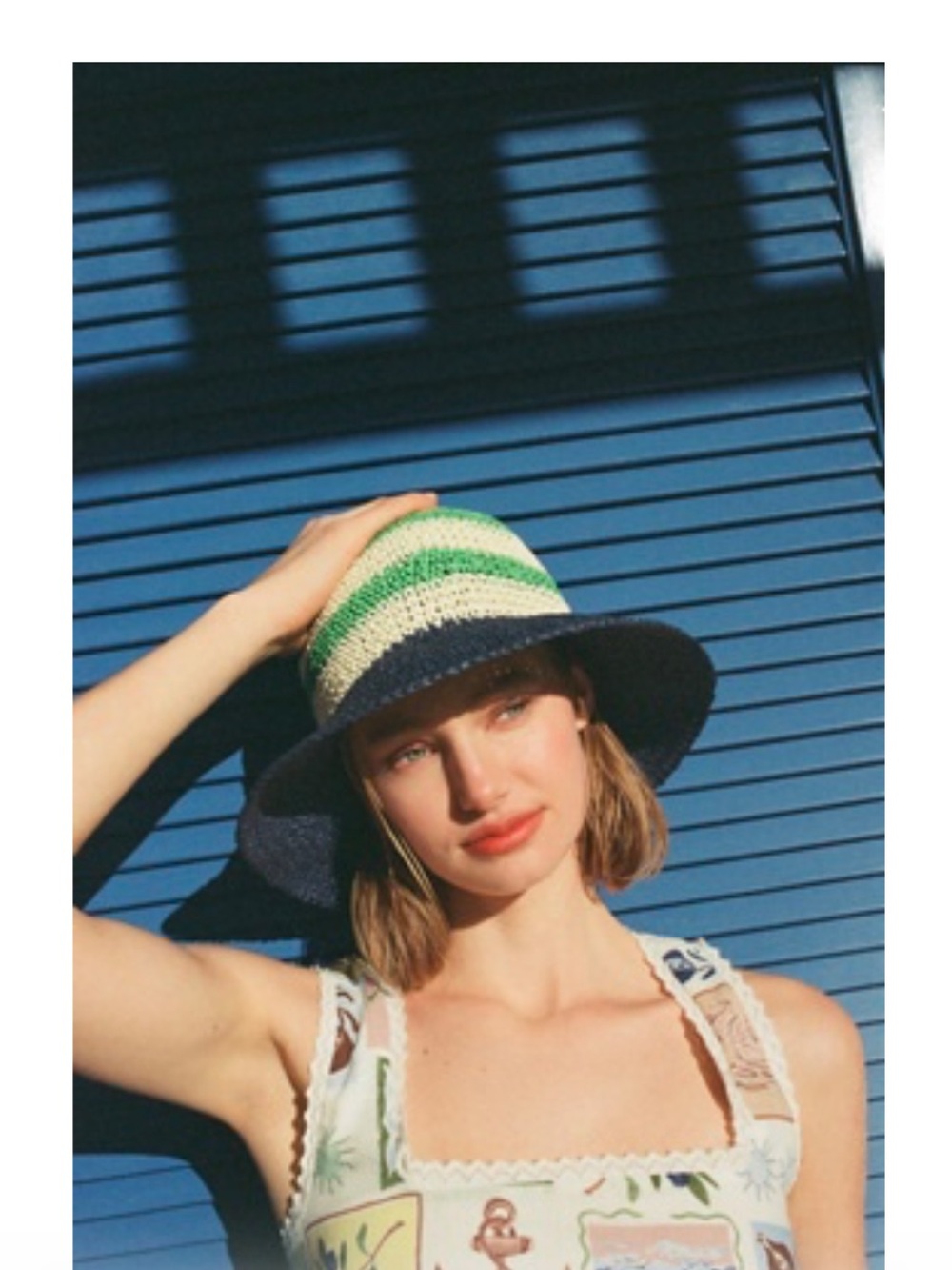 Anthropologie Striped Crochet Straw Sun Hat in Navy, White & Green